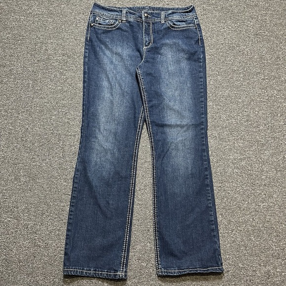 Y2K Code Bleu Blue Modern Rise Bootcut Jeans Size 14R Embroidered - Picture 2 of 8